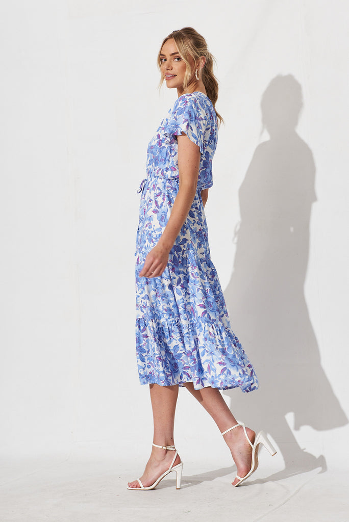 Elxia Midi  Dress In White With Blue Purple Floral - side