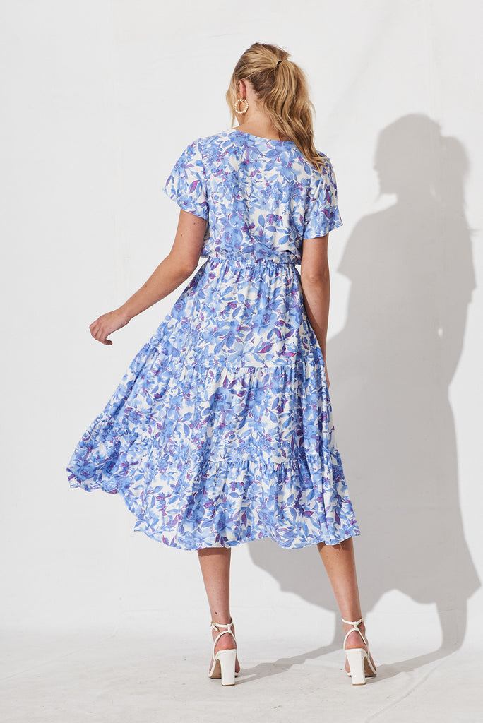 Elxia Midi  Dress In White With Blue Purple Floral - back
