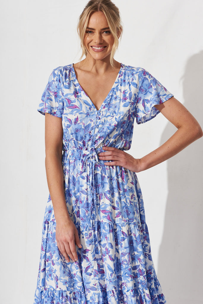 Elxia Midi  Dress In White With Blue Purple Floral - front