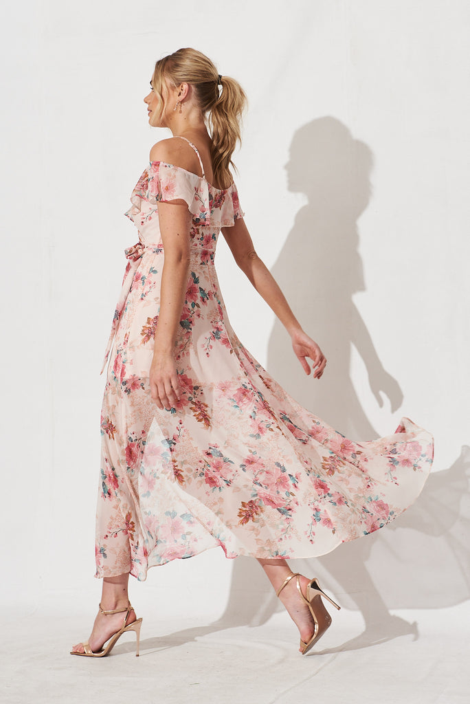 Marit Maxi Dress In White With Pink Floral Chiffon - side