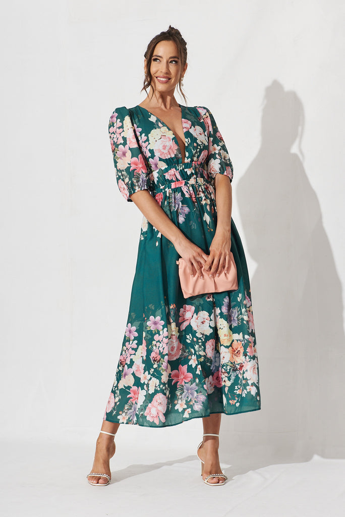 Camille Maxi Dress In Teal With Orange Floral - full length