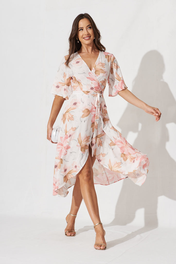 Bellerose Midi Wrap Dress In White With Peach Floral - full length