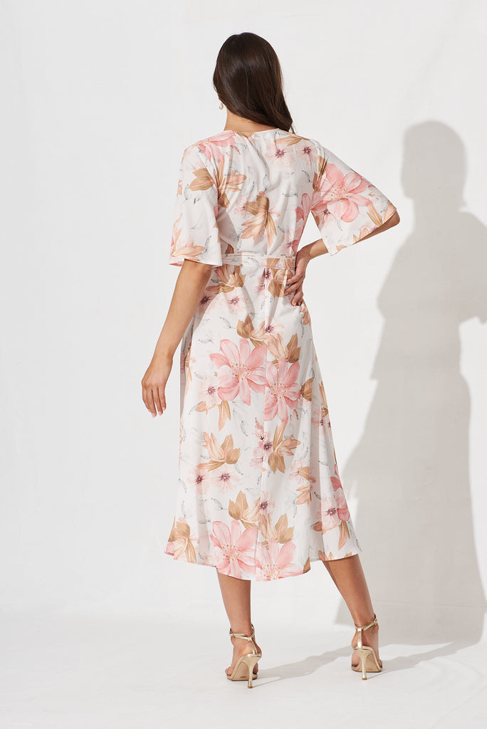 Bellerose Midi Wrap Dress In White With Peach Floral - back