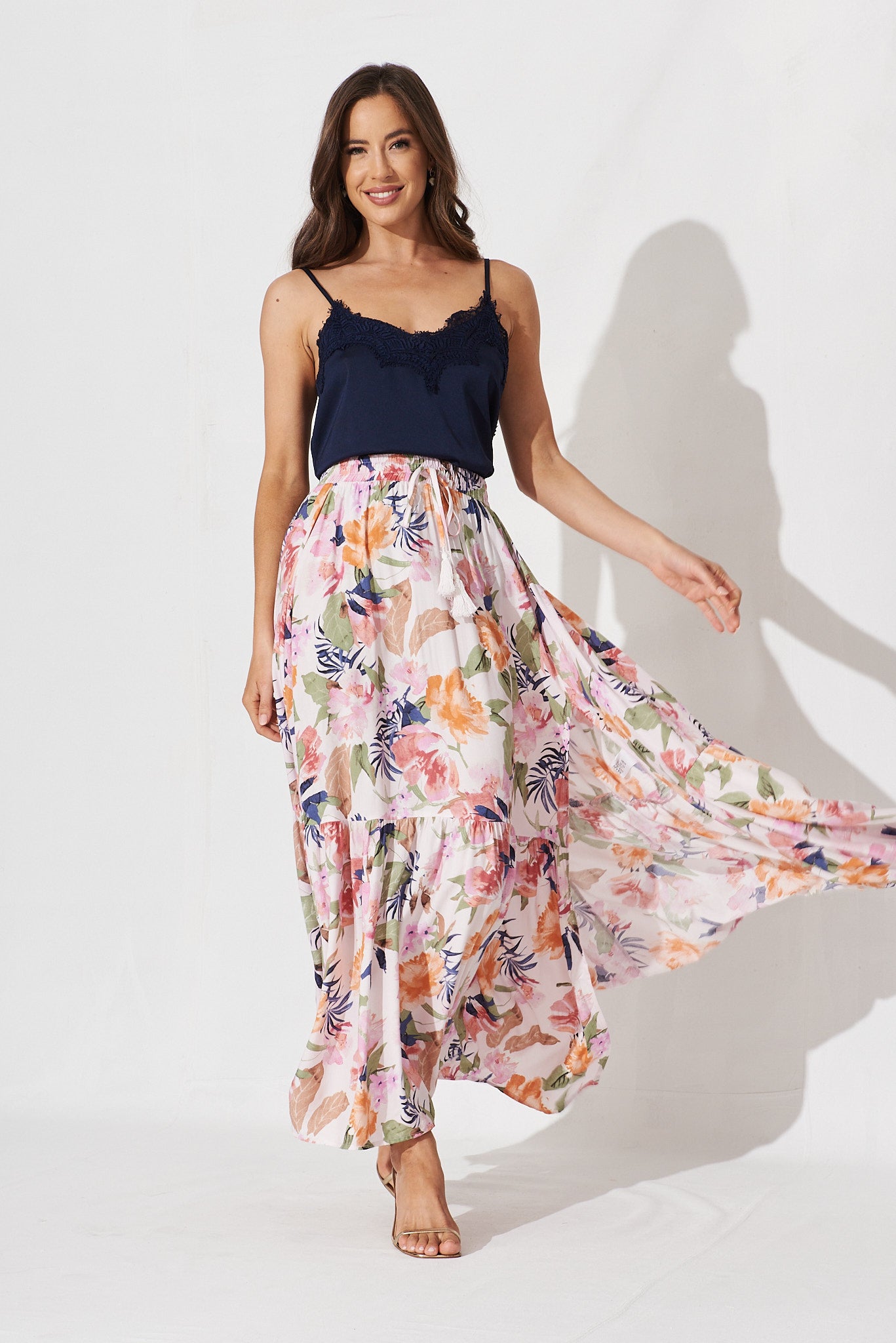 Bilboa Maxi Skirt In Pink With Multi Floral - full length