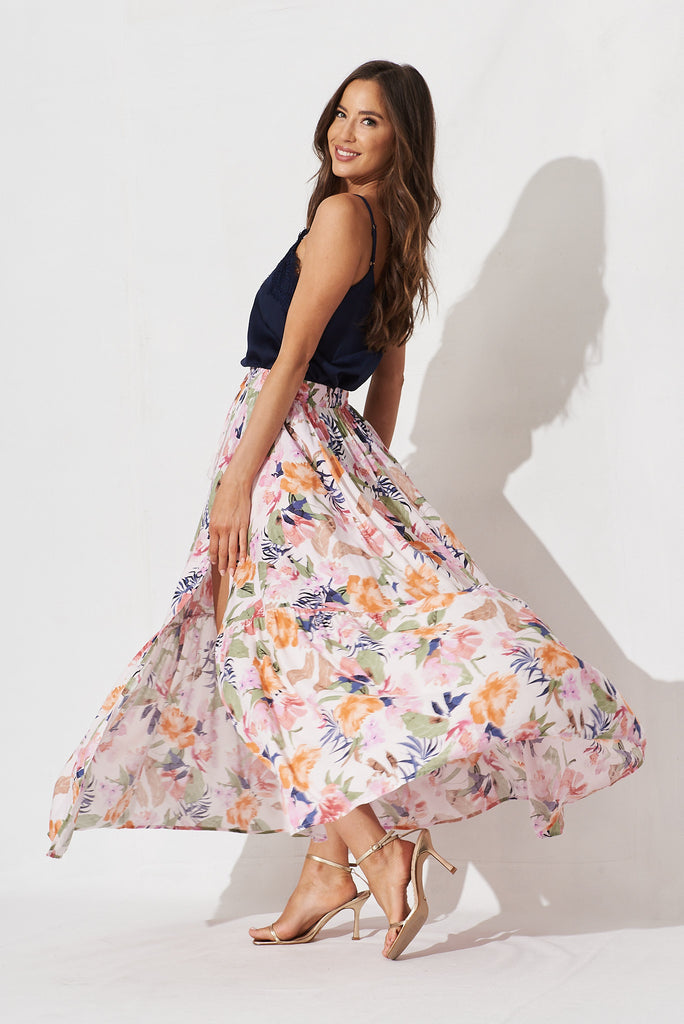 Bilboa Maxi Skirt In Pink With Multi Floral - full length