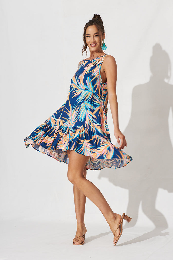 Sparrow Shift Dress In Navy With Multi Feather Print - full length