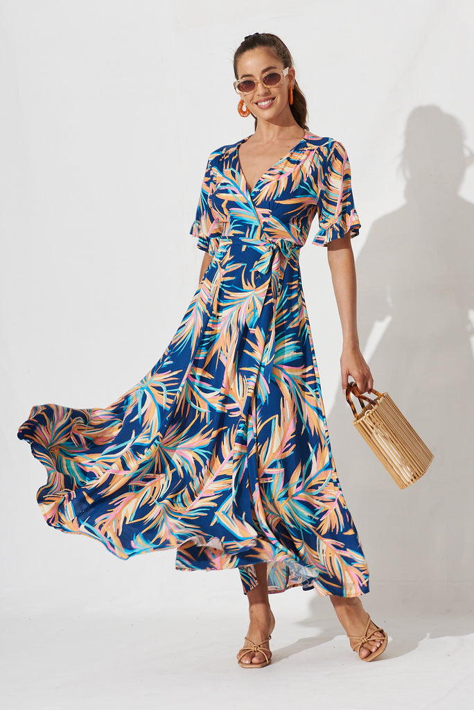 Rondal Maxi Wrap Dress In Navy With Multi Feather Print - full length