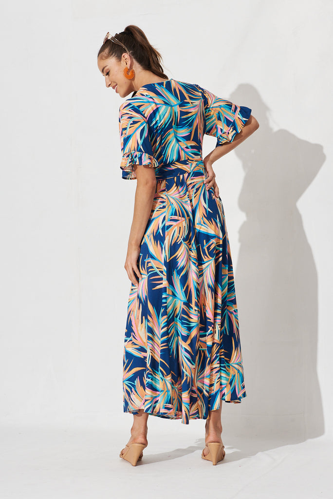 Rondal Maxi Wrap Dress In Navy With Multi Feather Print - back