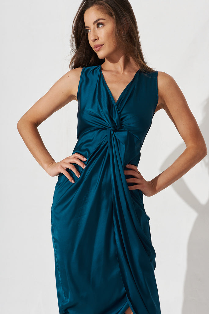 Annely Midi Dress In Teal Satin - front