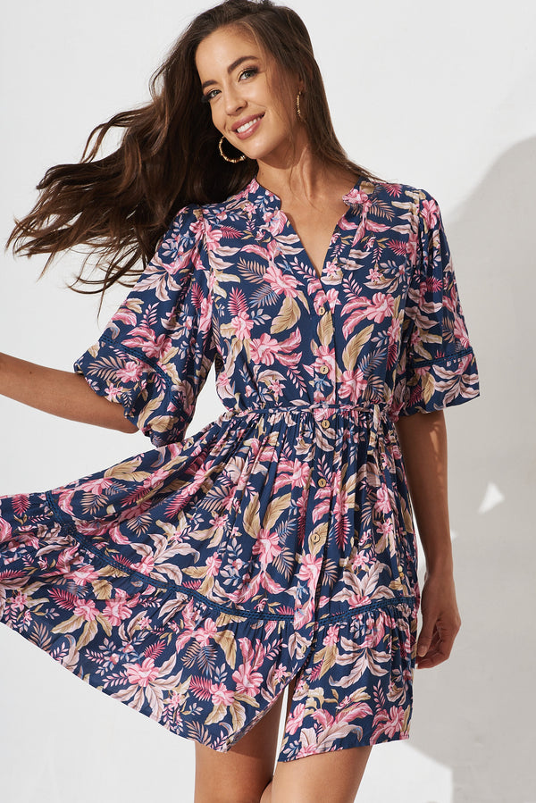 Jaydee Dress In Navy With Blush Floral – St Frock