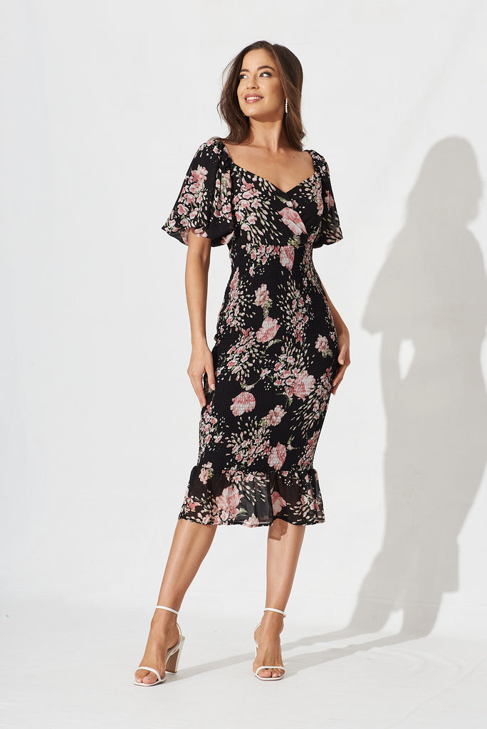 Shoreline Midi Dress In Black With Pink Floral Chiffon - full length
