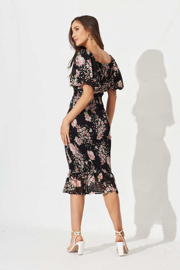 Shoreline Midi Dress In Black With Pink Floral Chiffon - back