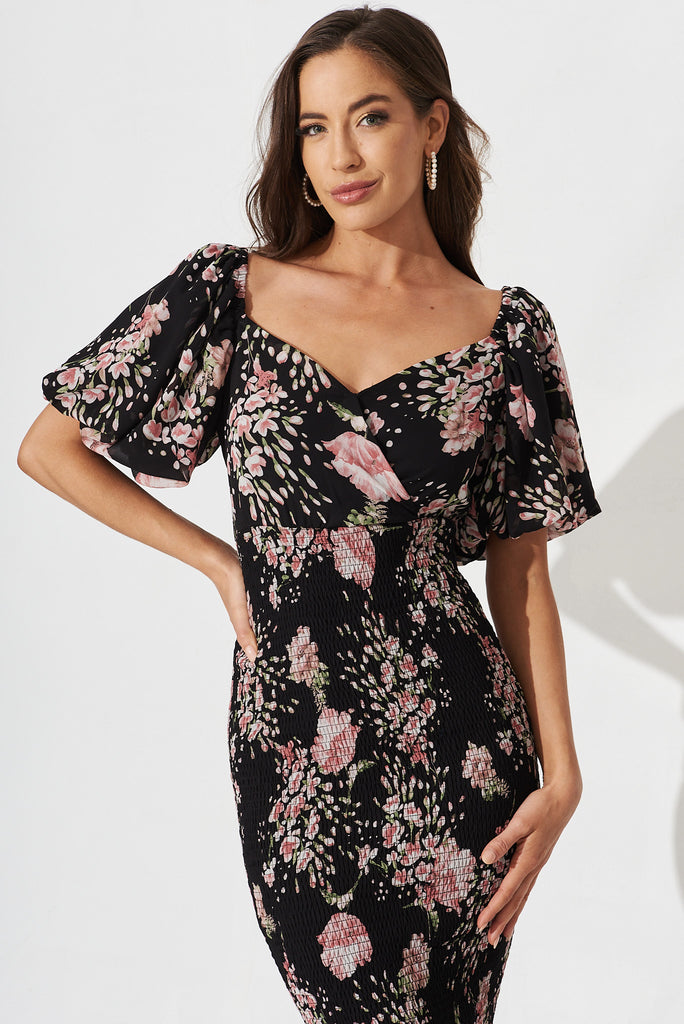 Shoreline Midi Dress In Black With Pink Floral Chiffon - front
