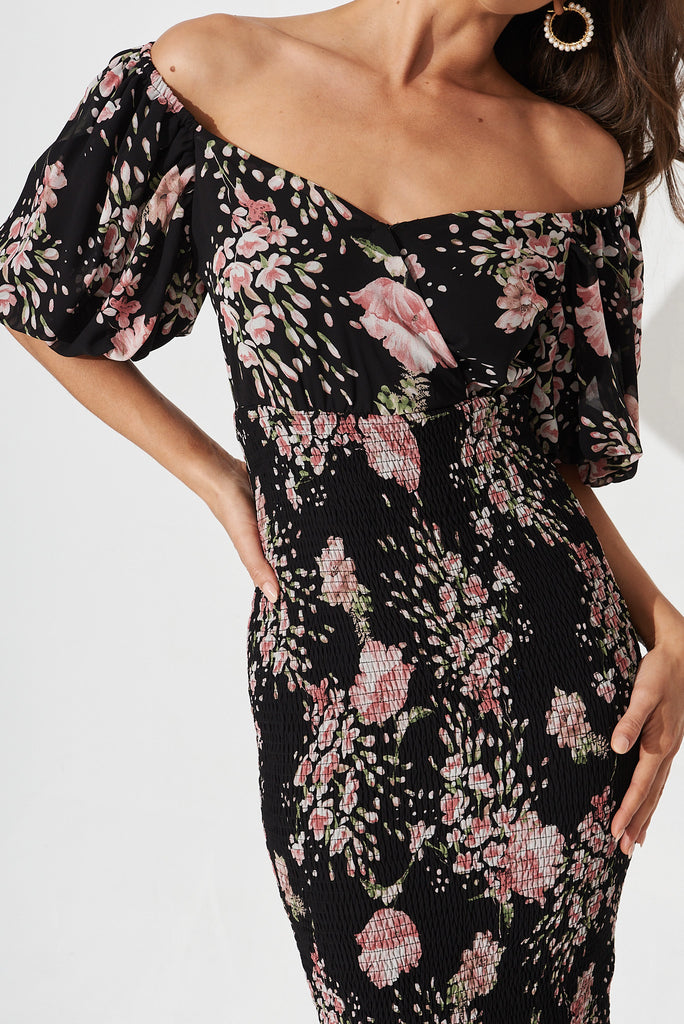 Shoreline Midi Dress In Black With Pink Floral Chiffon - detail