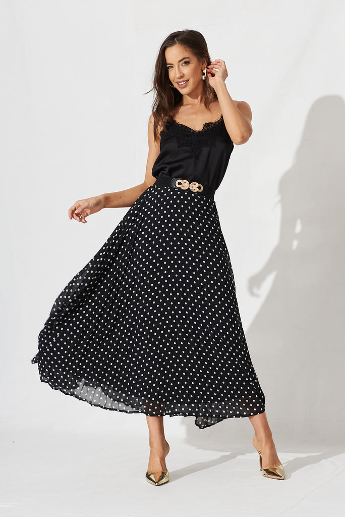 Tallie Midi Pleat Skirt In Black With White Spot Chiffon - full length