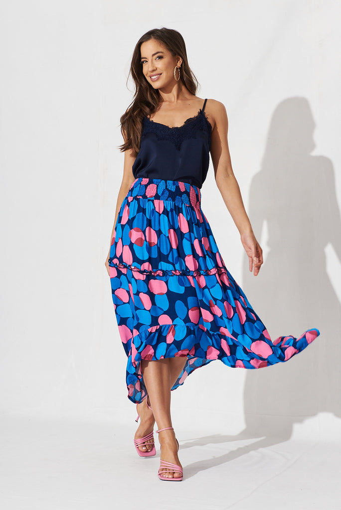 Tonia Maxi Skirt In Navy With Blue Spot - full length