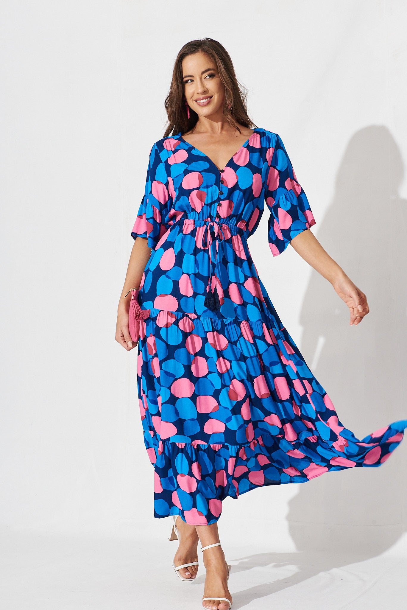 Brylee Maxi Dress In Navy With Blue Spot - full length
