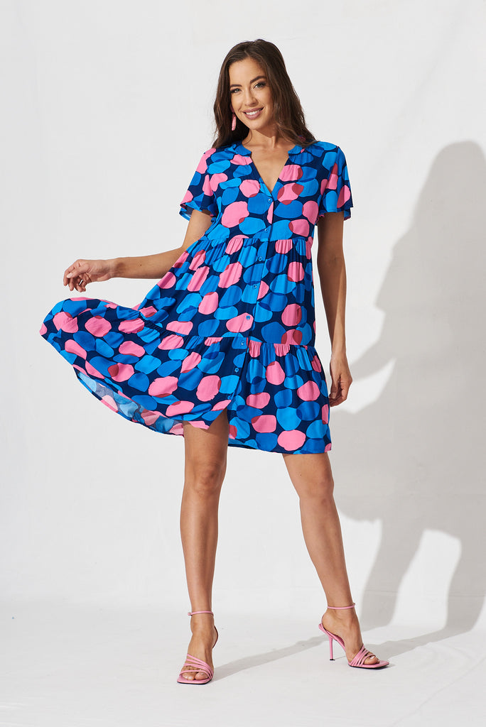 Shelby Smock Dress In Navy With Blue Spot - full length