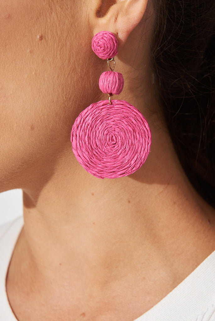 August + Delilah Sylvie Drop Earrings In Hot Pink Straw - side close up