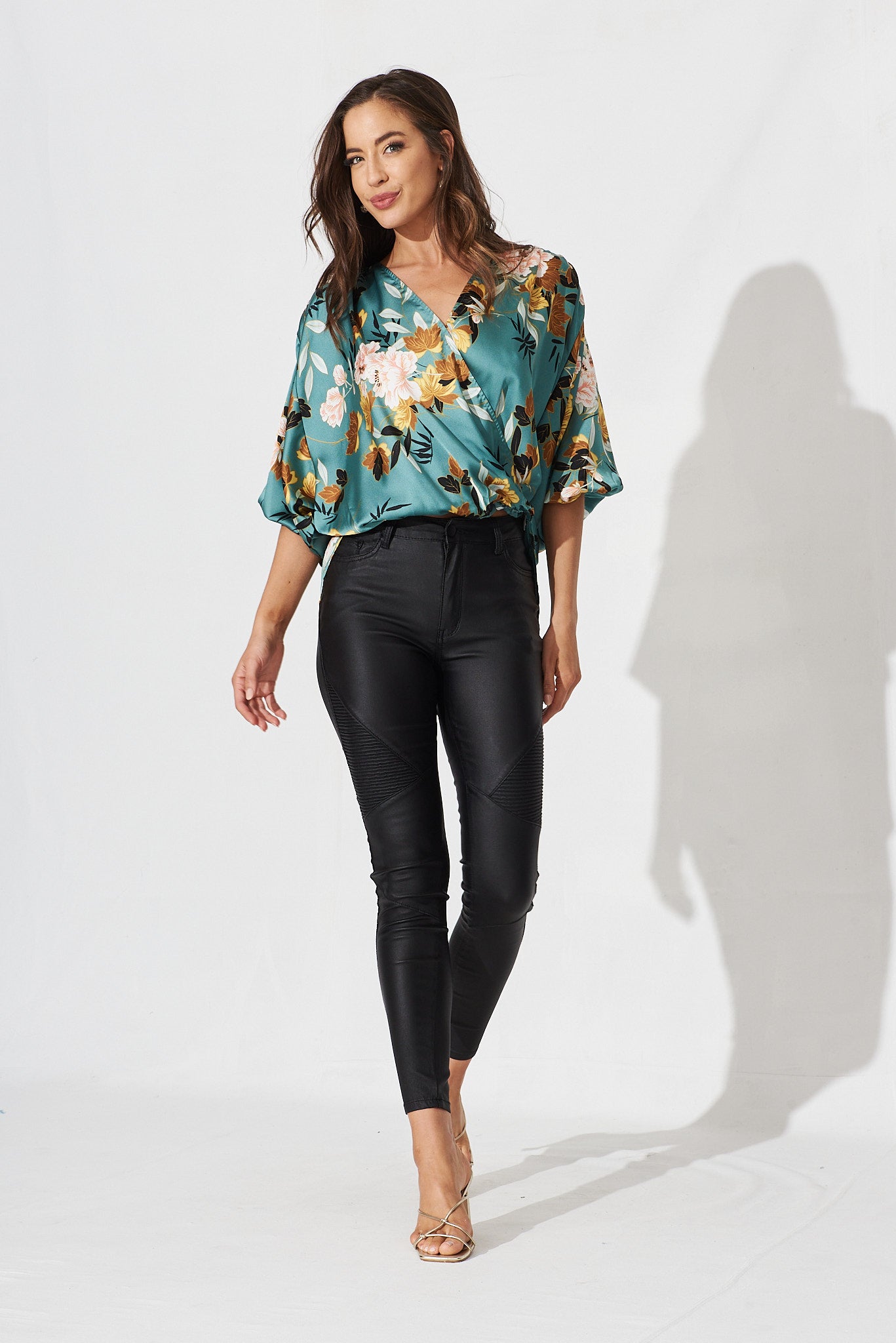 Solita Top In Green With Blush Floral Satin - full length