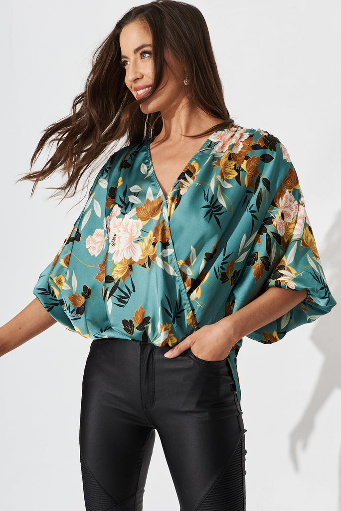 Solita Top In Green With Blush Floral Satin - front