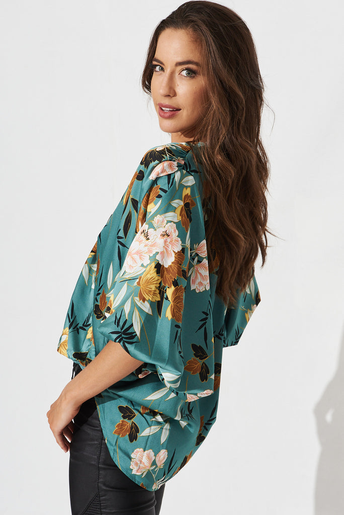 Solita Top In Green With Blush Floral Satin - side