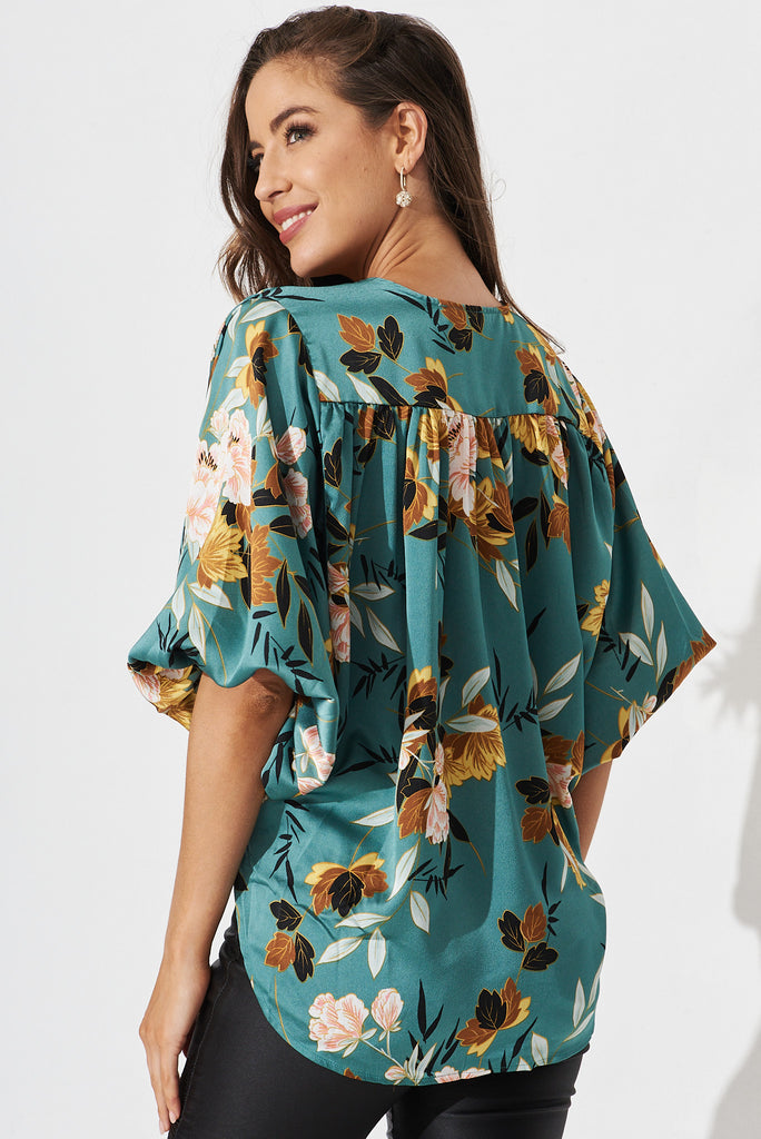Solita Top In Green With Blush Floral Satin - back