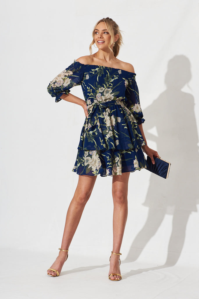 Amorety Dress In Navy With Beige Floral Chiffon - full length