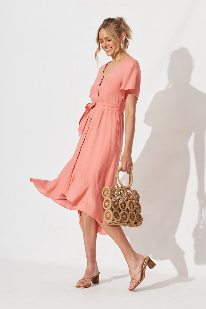 Coraline Midi Dress In Apricot Linen Blend - full length