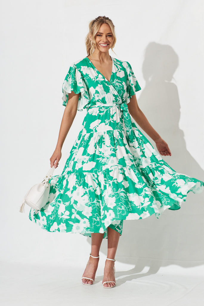 Kit Maxi Dress In Green With White Floral - full length