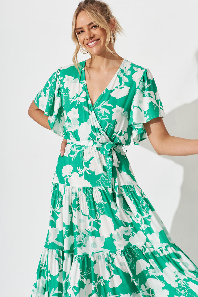 Kit Maxi Dress In Green With White Floral - front