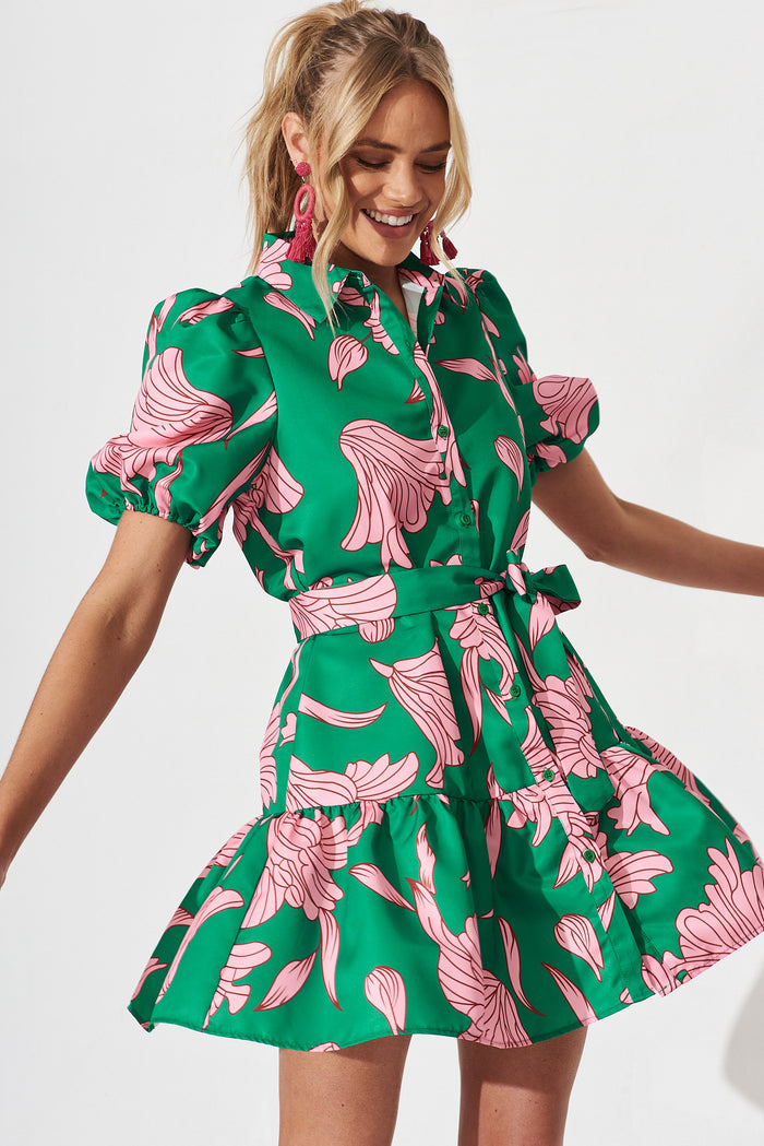 Fione Shirt Dress In Green With Pink Floral St Frock Fione Shirt Dress In Green With Pink Floral St Frock