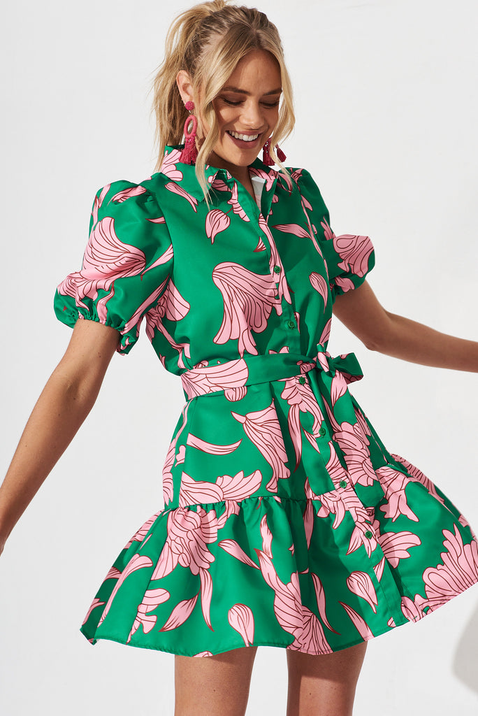 Fione Shirt Dress In Green With Pink Floral - front