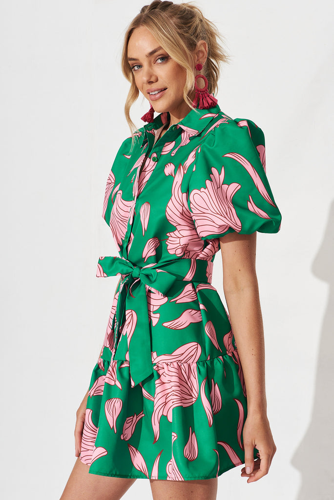 Fione Shirt Dress In Green With Pink Floral - side