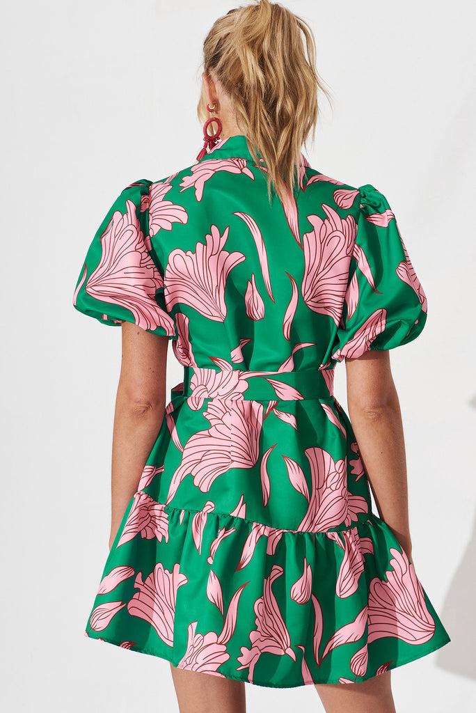Fione Shirt Dress In Green With Pink Floral - back