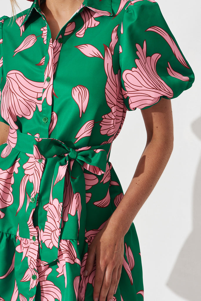 Fione Shirt Dress In Green With Pink Floral - detail