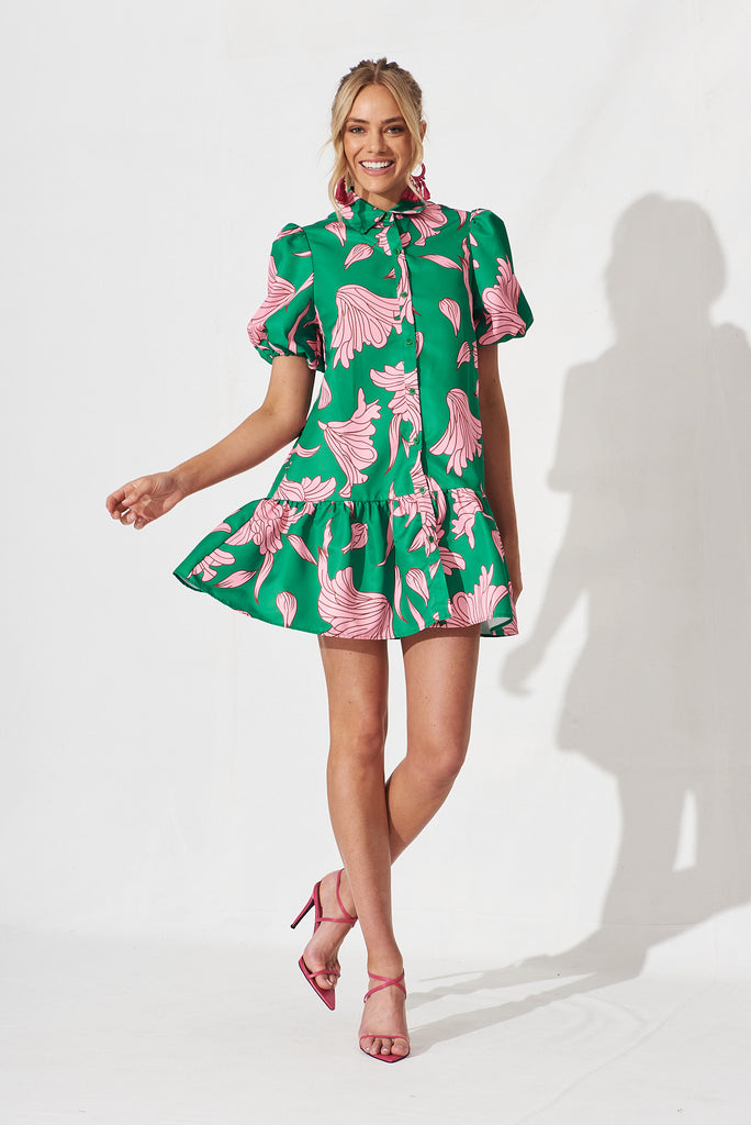 Fione Shirt Dress In Green With Pink Floral - full length