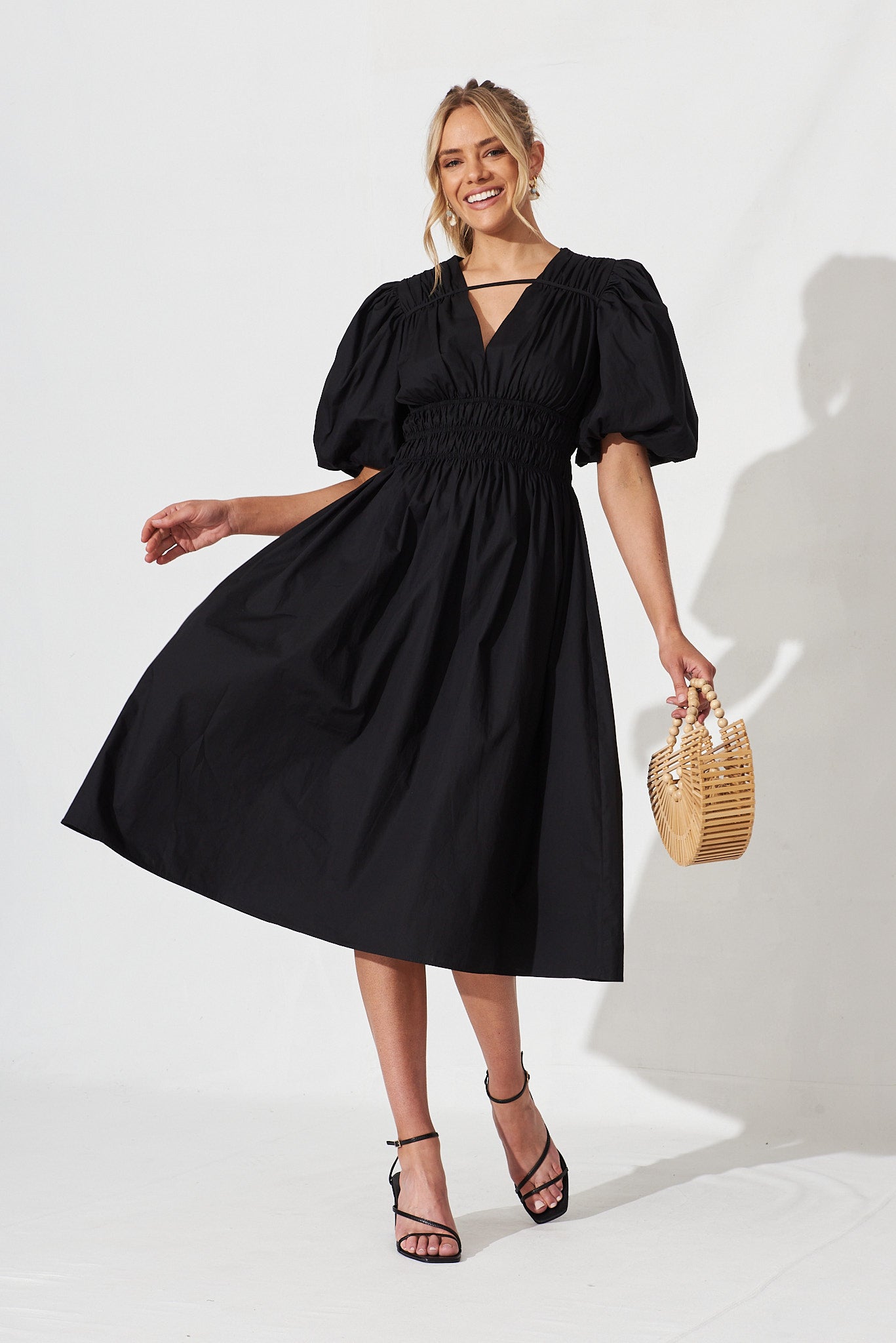 Ilina Midi Dress In Black Cotton - full length