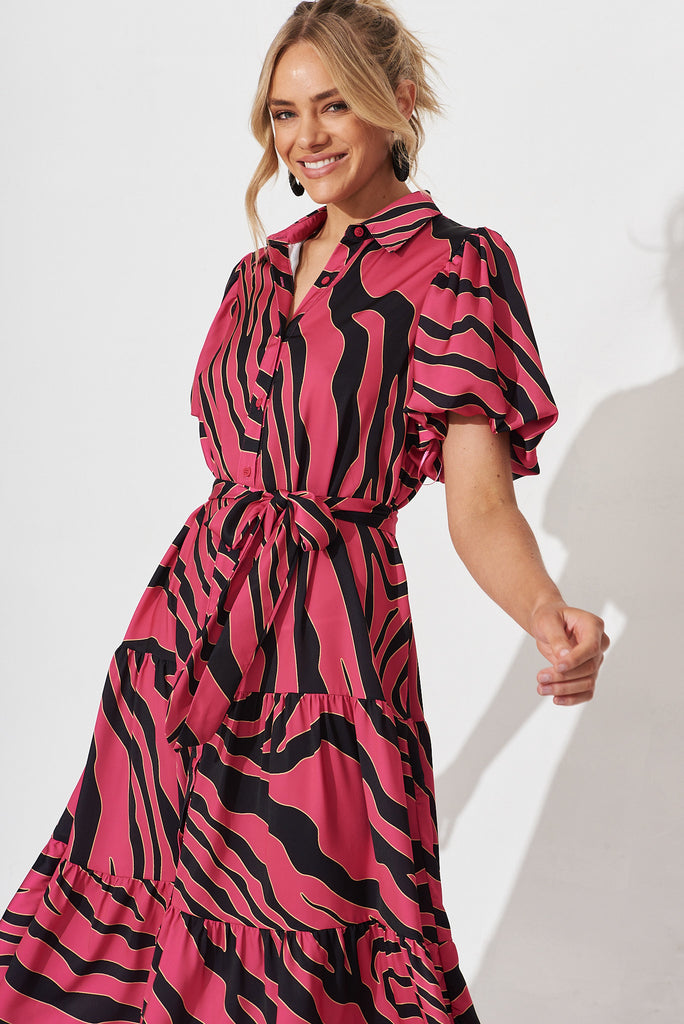 Cantia Midi Shirt Dress In Magenta With Black Print - front