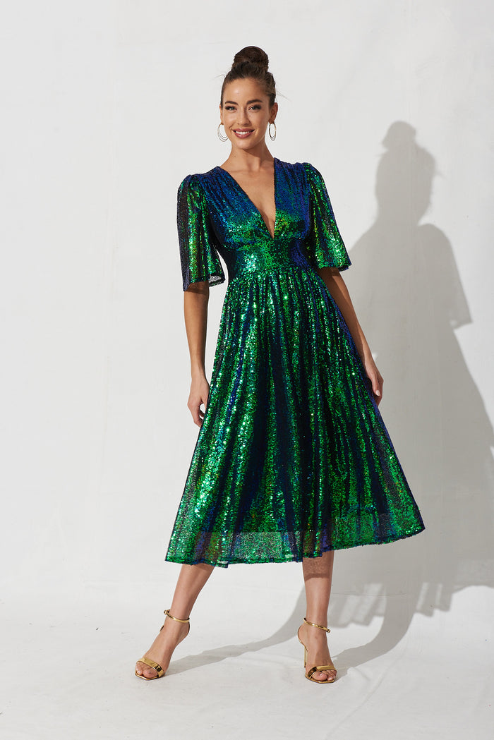 Livorno Midi Dress In Green Sequin St Frock Livorno Midi Dress In Green Sequin St Frock