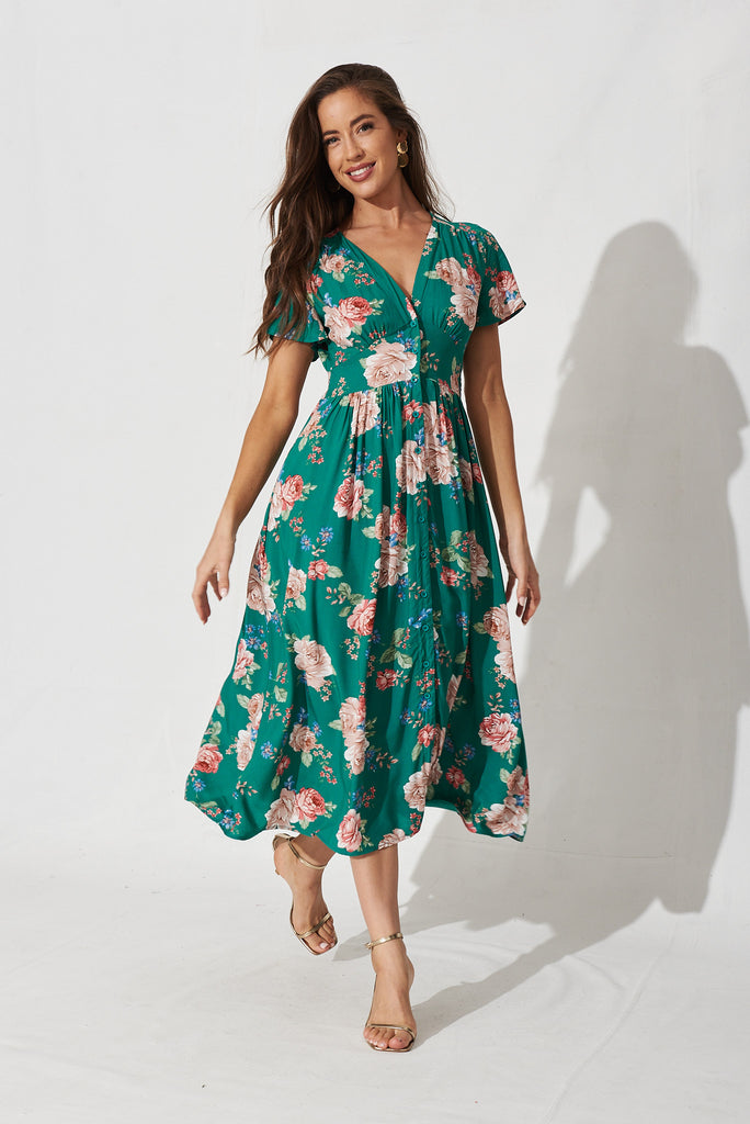 Nikke Midi Dress In Emerald With Blush Floral - full length