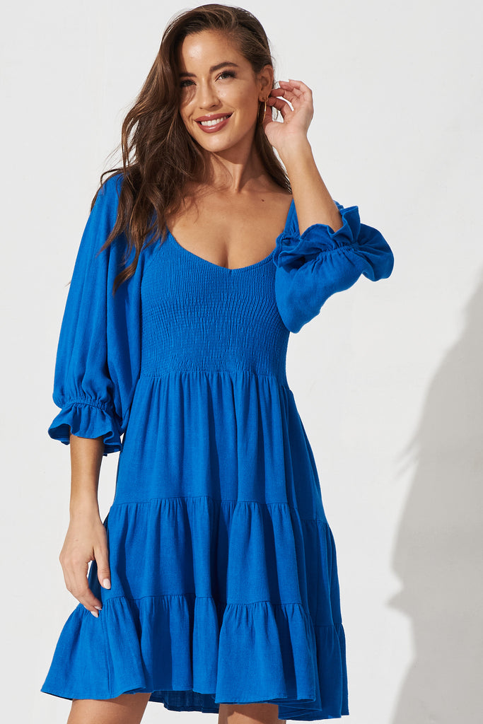 Bree Dress In Blue Linen Blend - front