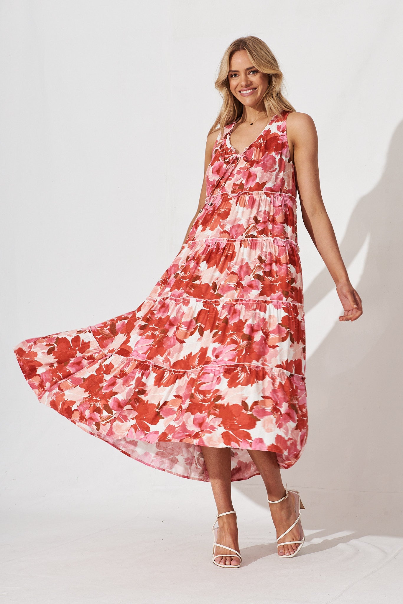 Ophelia Maxi Dress In Pink Floral Linen Blend - full length