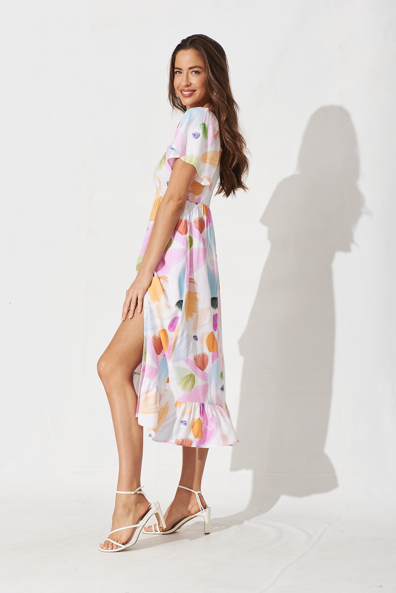 Everton Midi Dress In White With Purple Floral St Frock