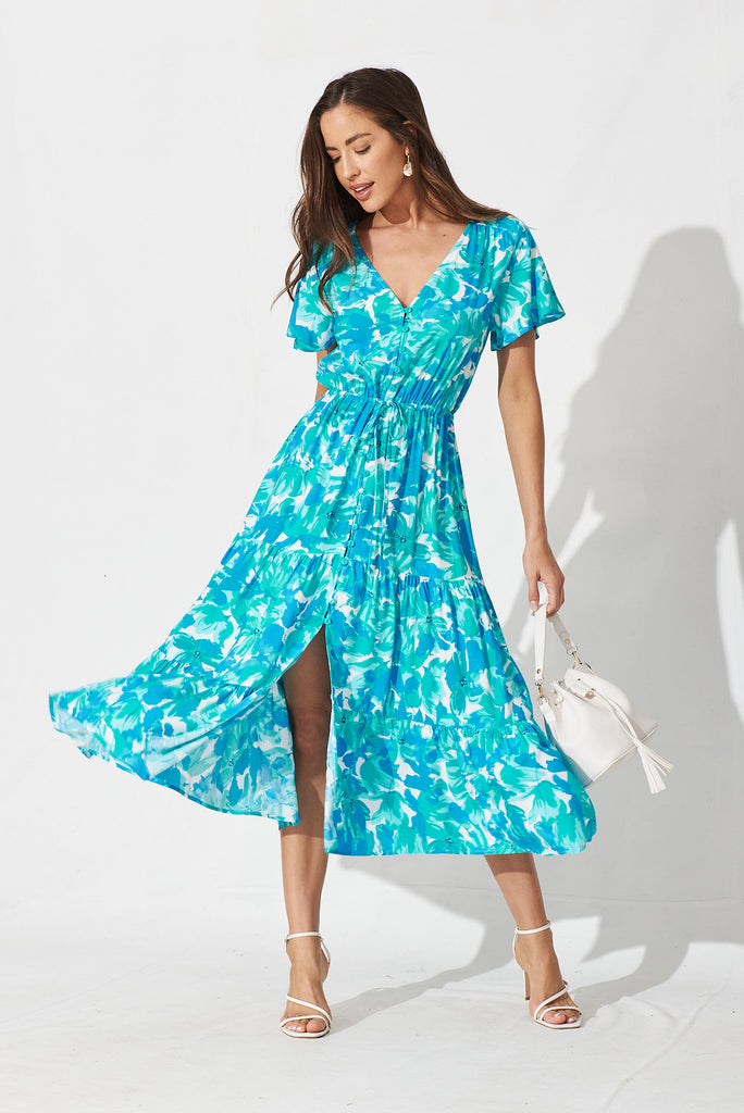 Elxia Midi Dress In White With Green And Blue Floral - full length