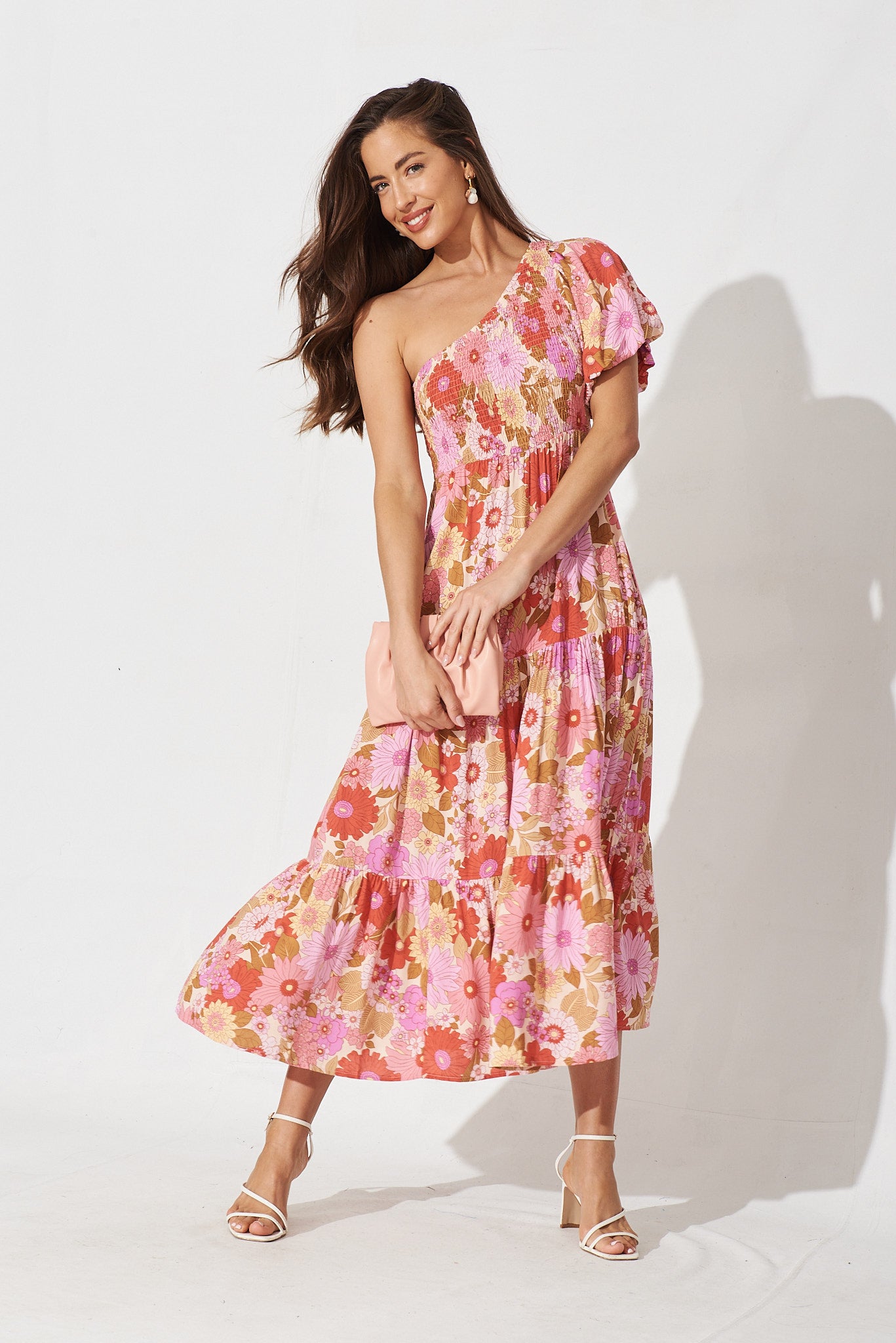 Keysoe Midi Dress In Pink With Purple Floral - full length