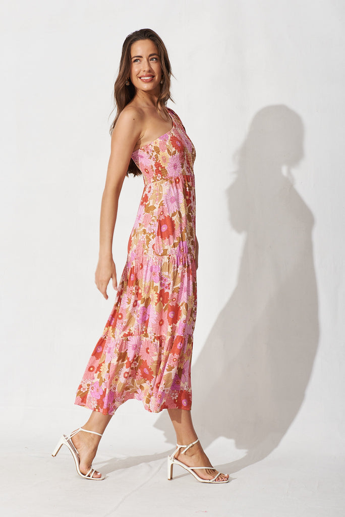 Keysoe Midi Dress In Pink With Purple Floral - right side