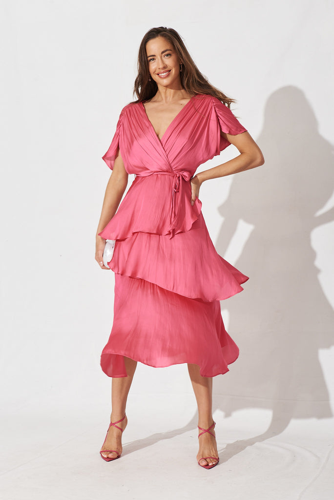 Fenwick Midi Dress In Pink Satin - full length