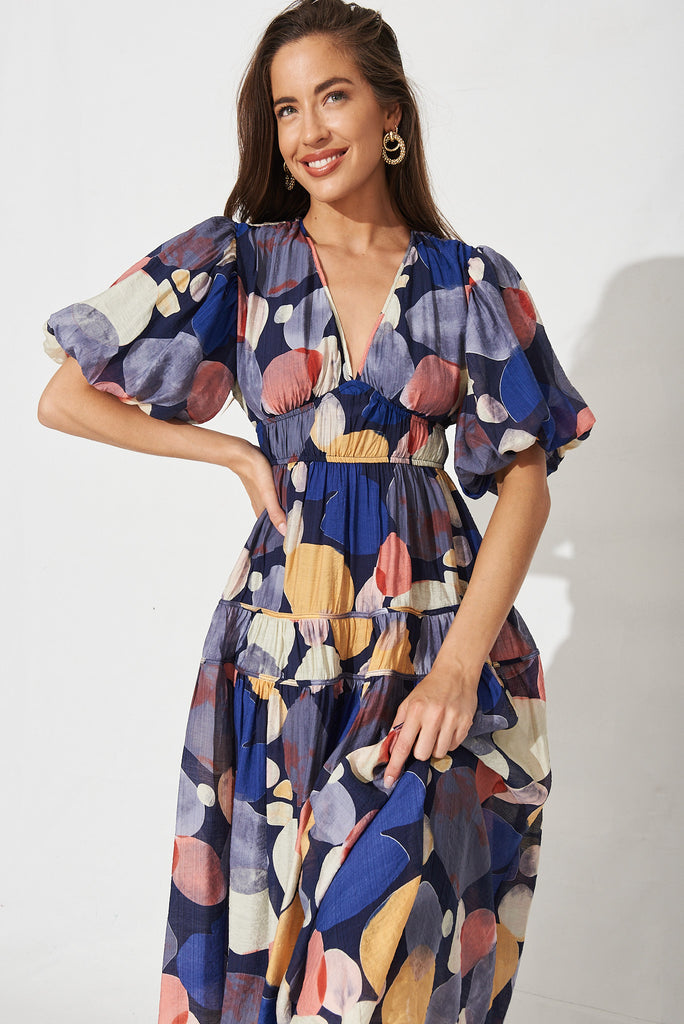 Amalie Midi Dress In Navy With Multi Print - front