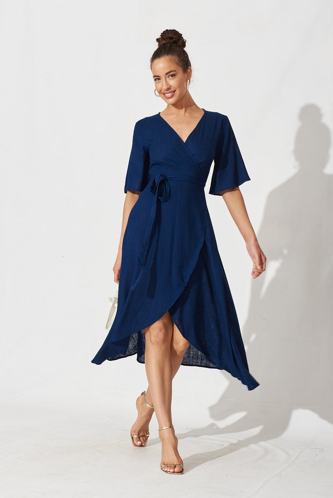 Bellerose Midi Wrap Dress In Navy Linen Blend - full length